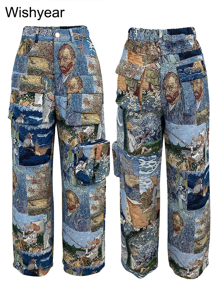 Printed Oil Painting Pattern Multi Pocket Cargo Pants