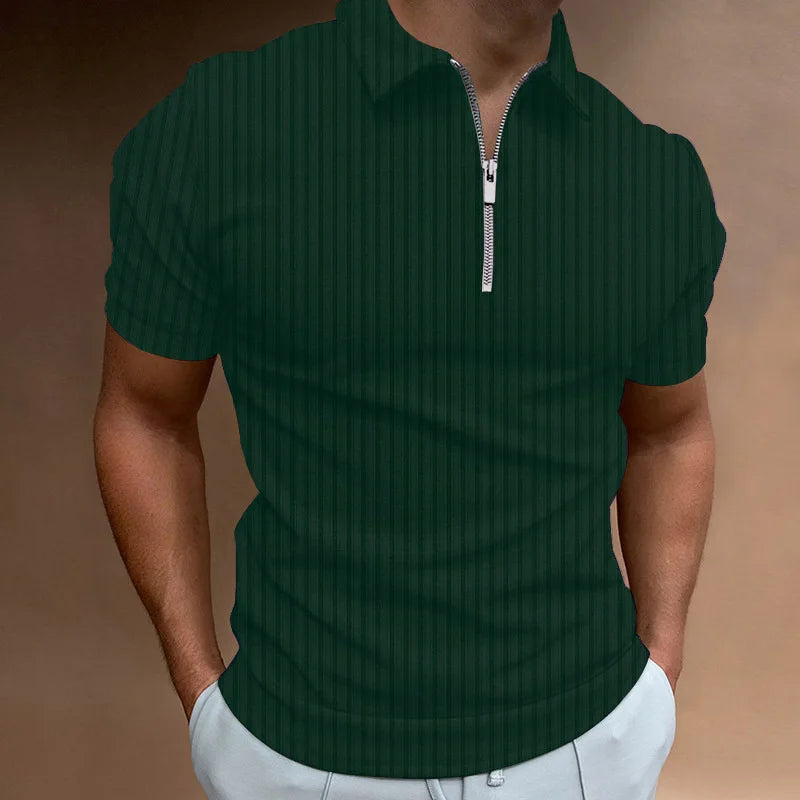 Men Casual Short Sleeve Stripe Zipper Polo Shirt