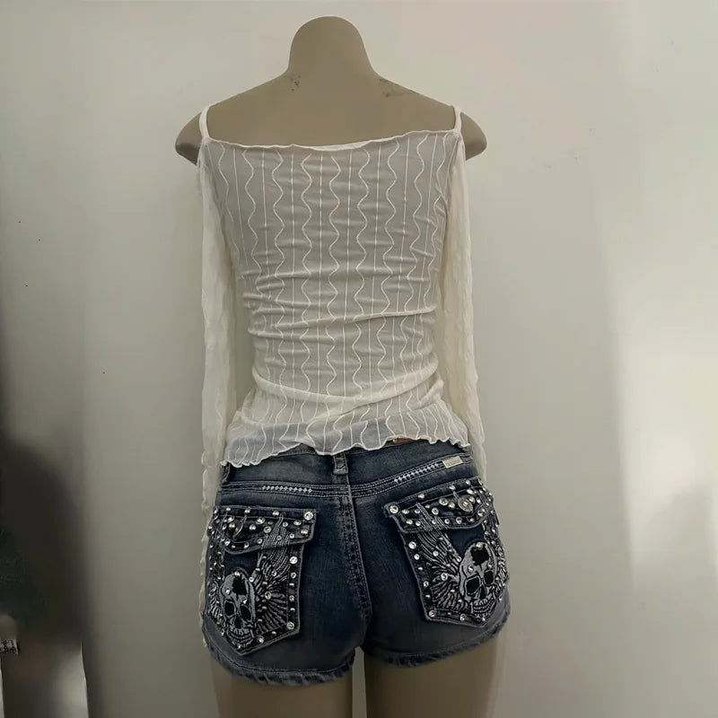 Womens Ultra Short Skull Angel Pattern Cowboy Shorts