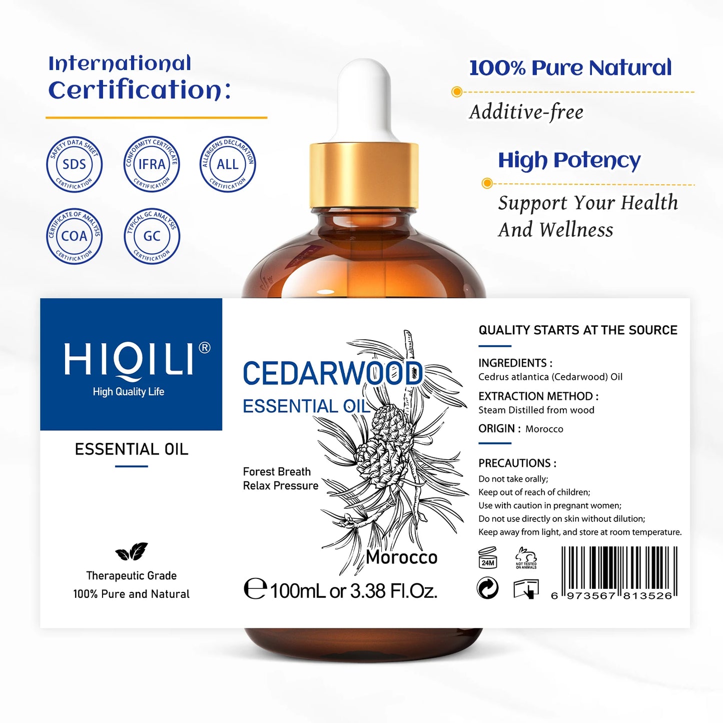 HIQILI 100ML Cedarwood Essential Oil Massage, Relaxing, Relieving Stress