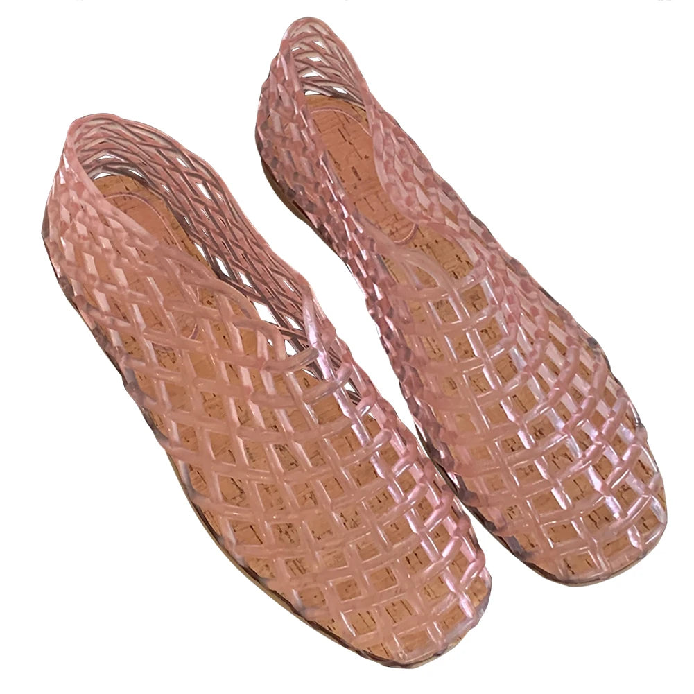 Womens Jelly Mesh Square Toe Hollow Out Ballet Flats
