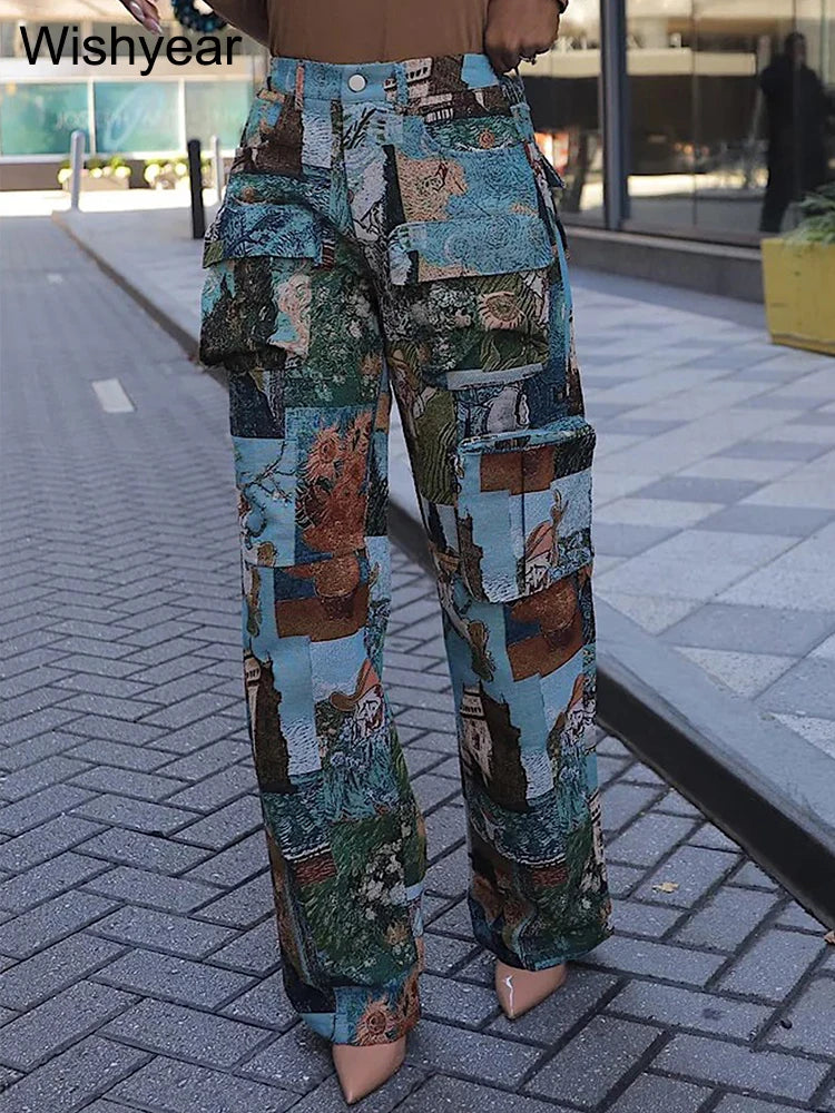 Printed Oil Painting Pattern Multi Pocket Cargo Pants