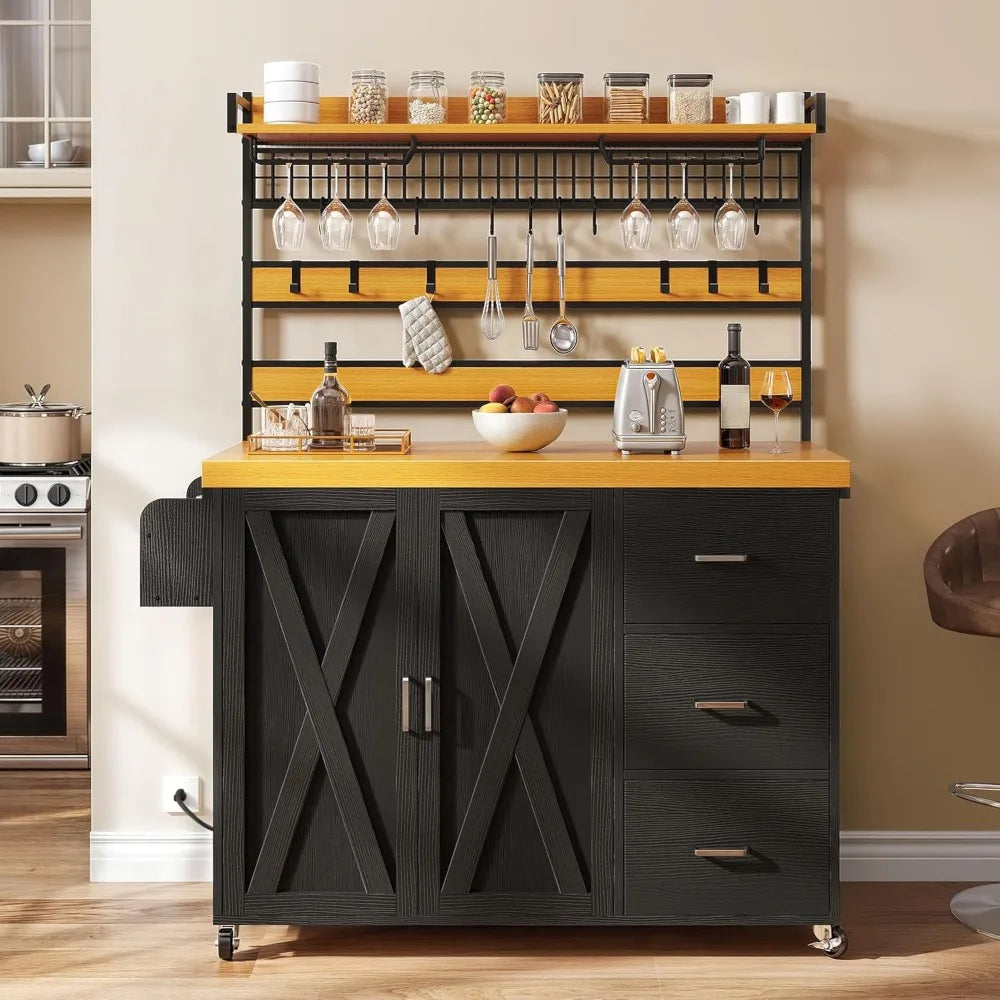Farmhouse Coffee Bar Cabinet with Power Outlet and LED, 53 Inch