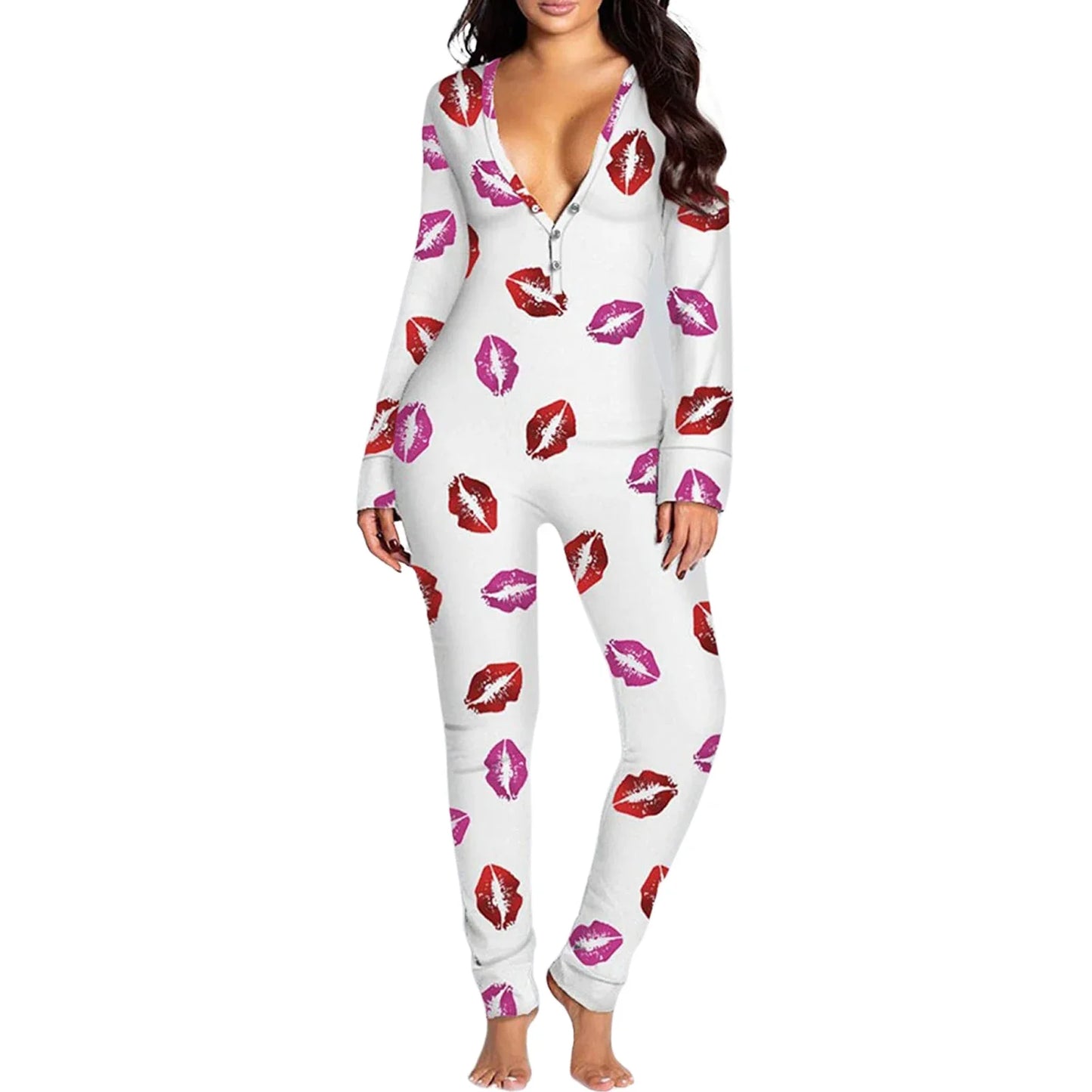 Women's V Neck One Piece Buttoned Flap Pjs