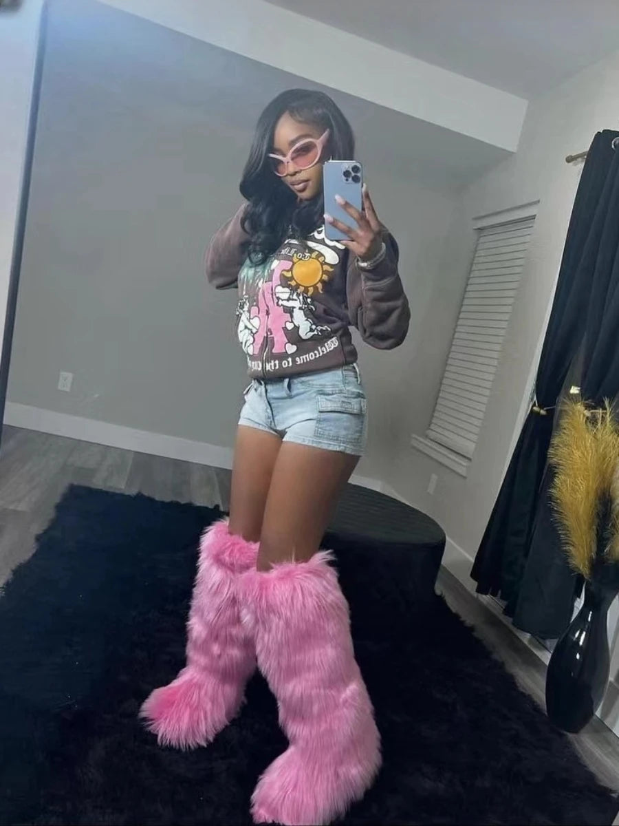 Winter Thigh High Fluffy Boots Furry Faux Fox Fur
