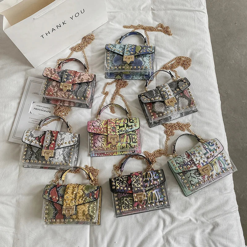 Womens Studded Graffiti Crossbody Bag
