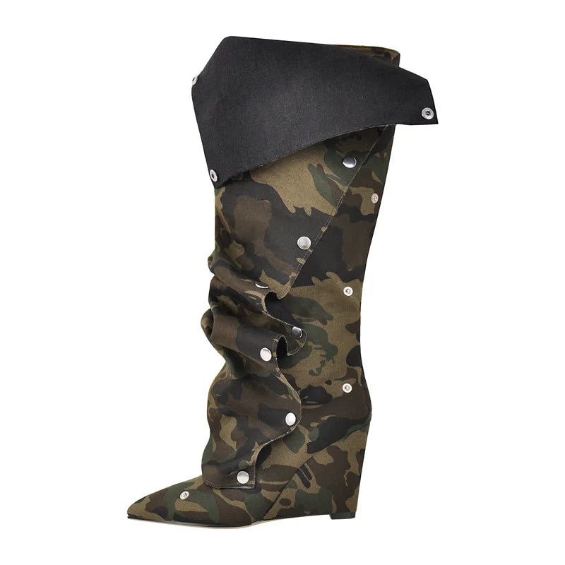 Pleated Pointed Toe Black Wedges Knee High Boots