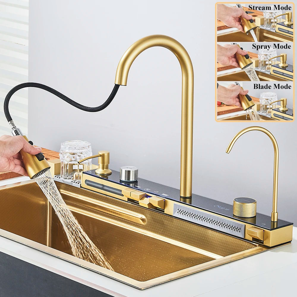 Multifunctional Kitchen Waterfall Sink Digital Display Stainless Steel
