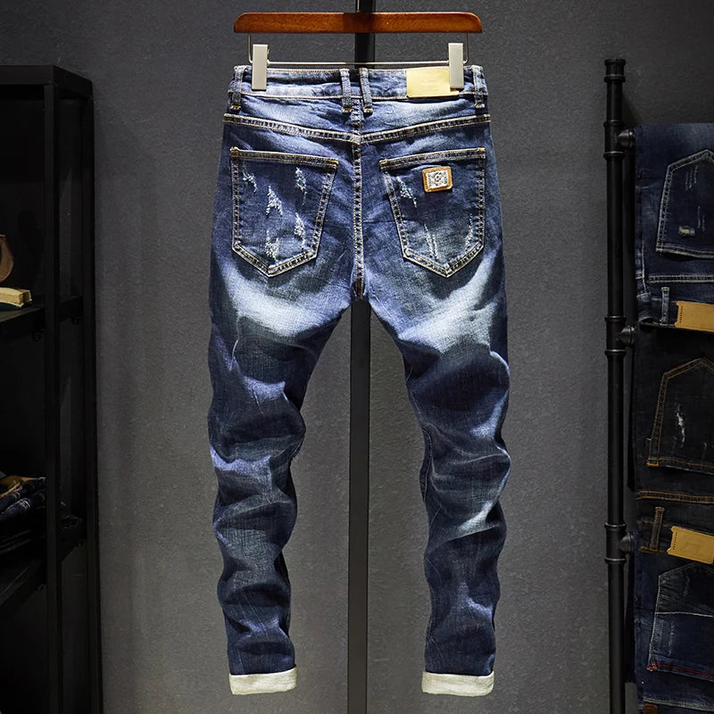 Ripped Jeans Slim Fit Dark Blue Destroyed Denim