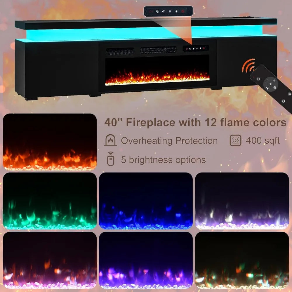 70.8’’ Fireplace TV Stand for 75 Inch TVs with LED Lights, High Gloss