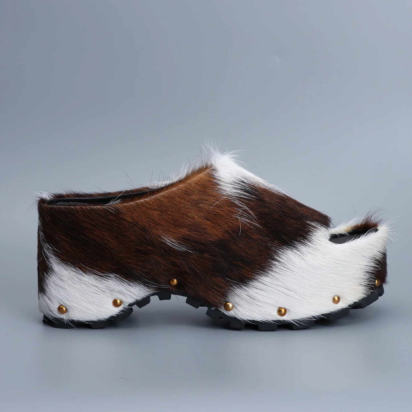 Womens Designer Luxury Platform Mules Real Calf Hair Leather Lined