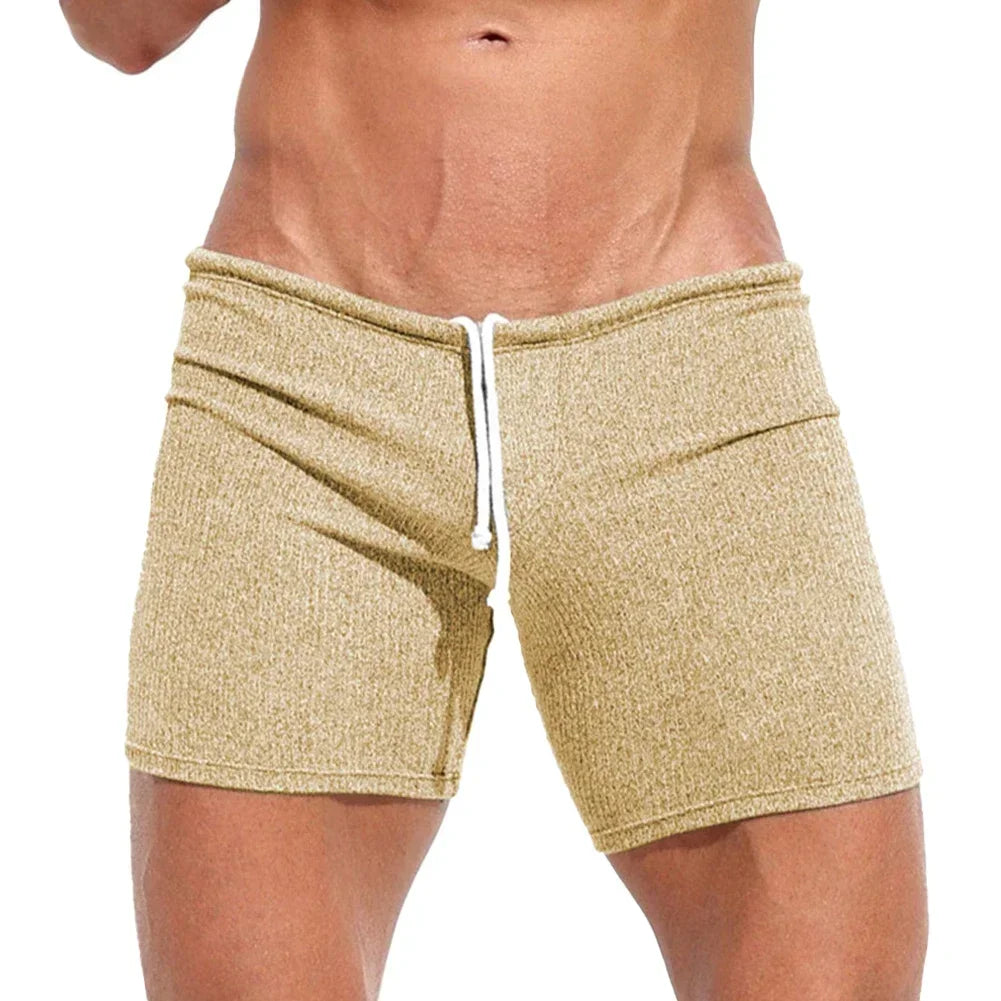 Mens Sexy Drawstring Ribbed Sleepwear Shorts