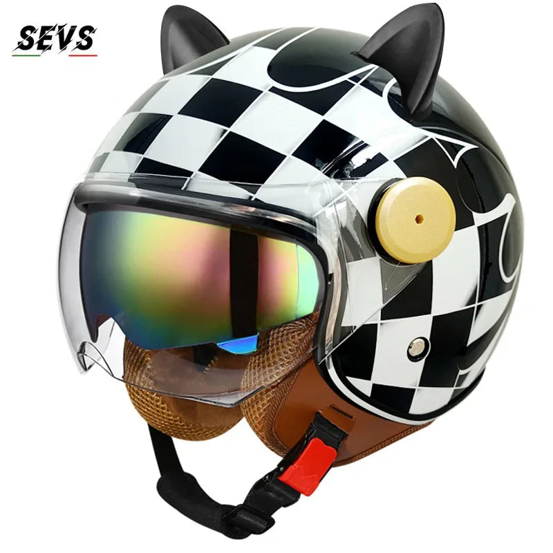 Vintage Cat Ear Motorcycle Helmet Retro Dual Visor