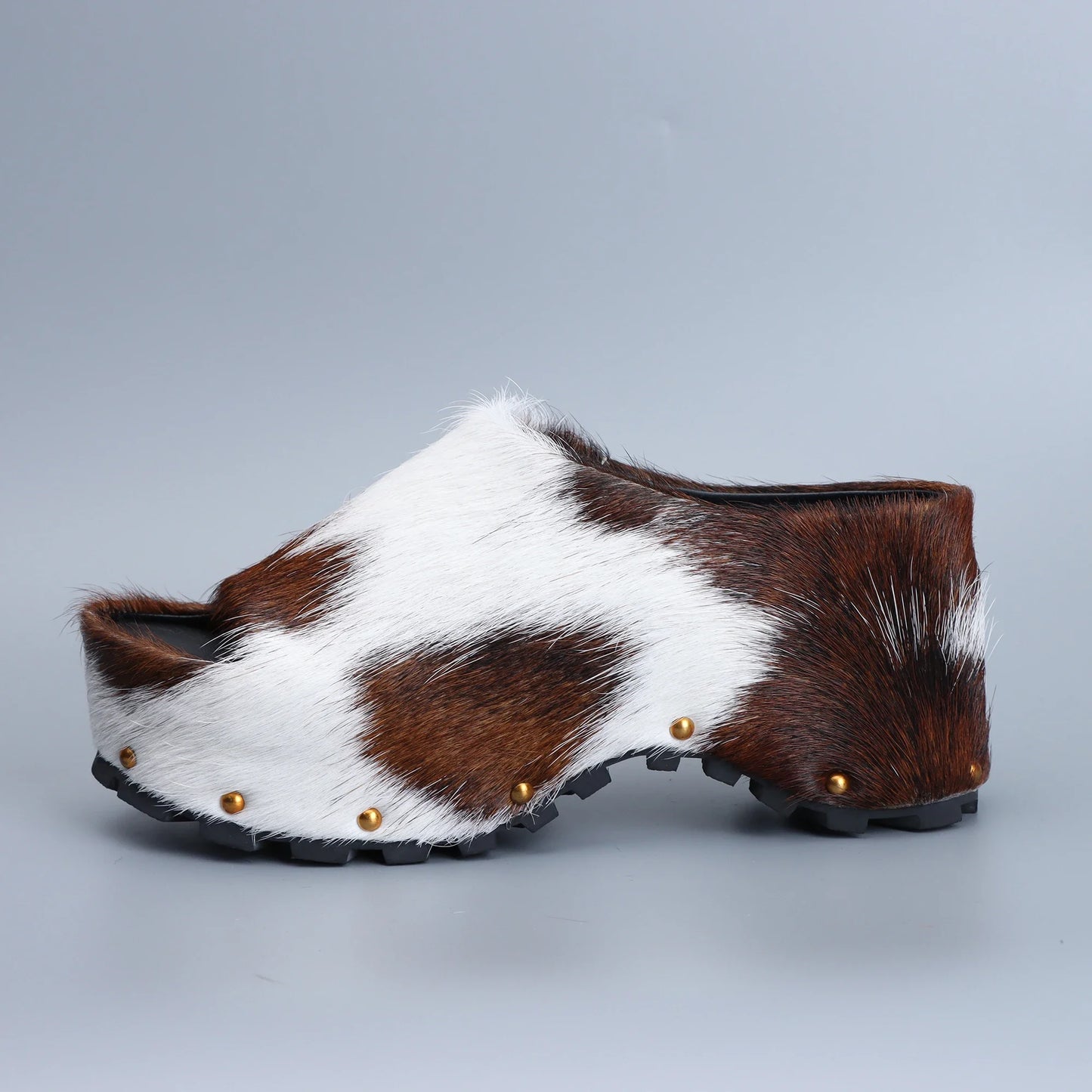 Womens Designer Luxury Platform Mules Real Calf Hair Leather Lined
