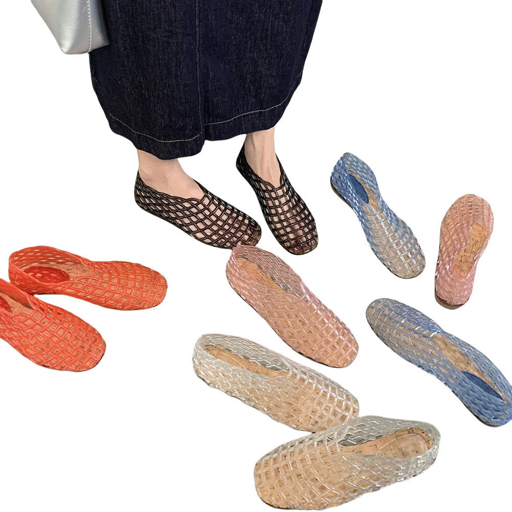 Womens Jelly Mesh Square Toe Hollow Out Ballet Flats