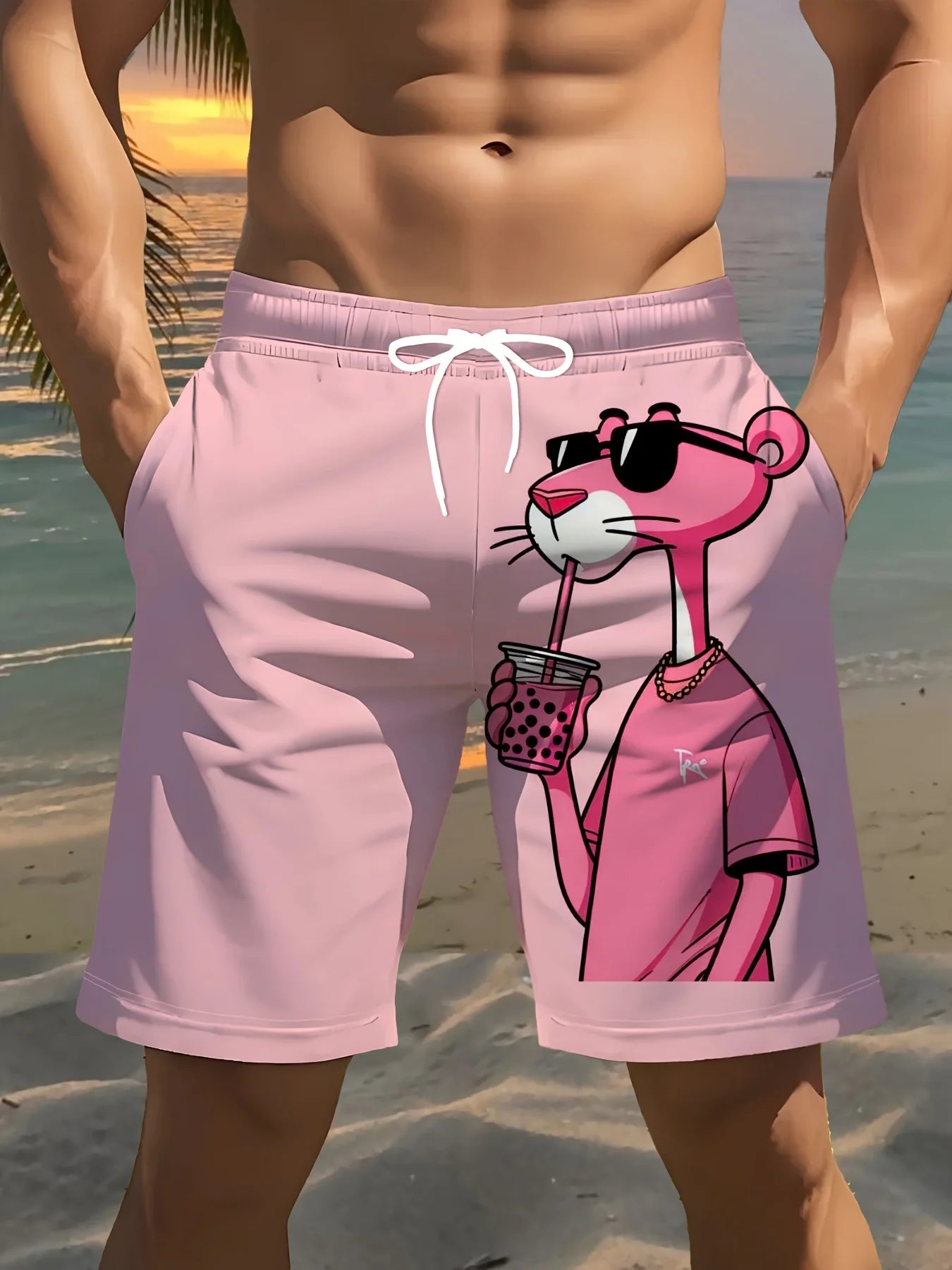 Men's Pink Panther Print Beach Shorts