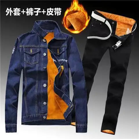 Winter Men Fleece Lining Thick Warm Denim Two Piece Set