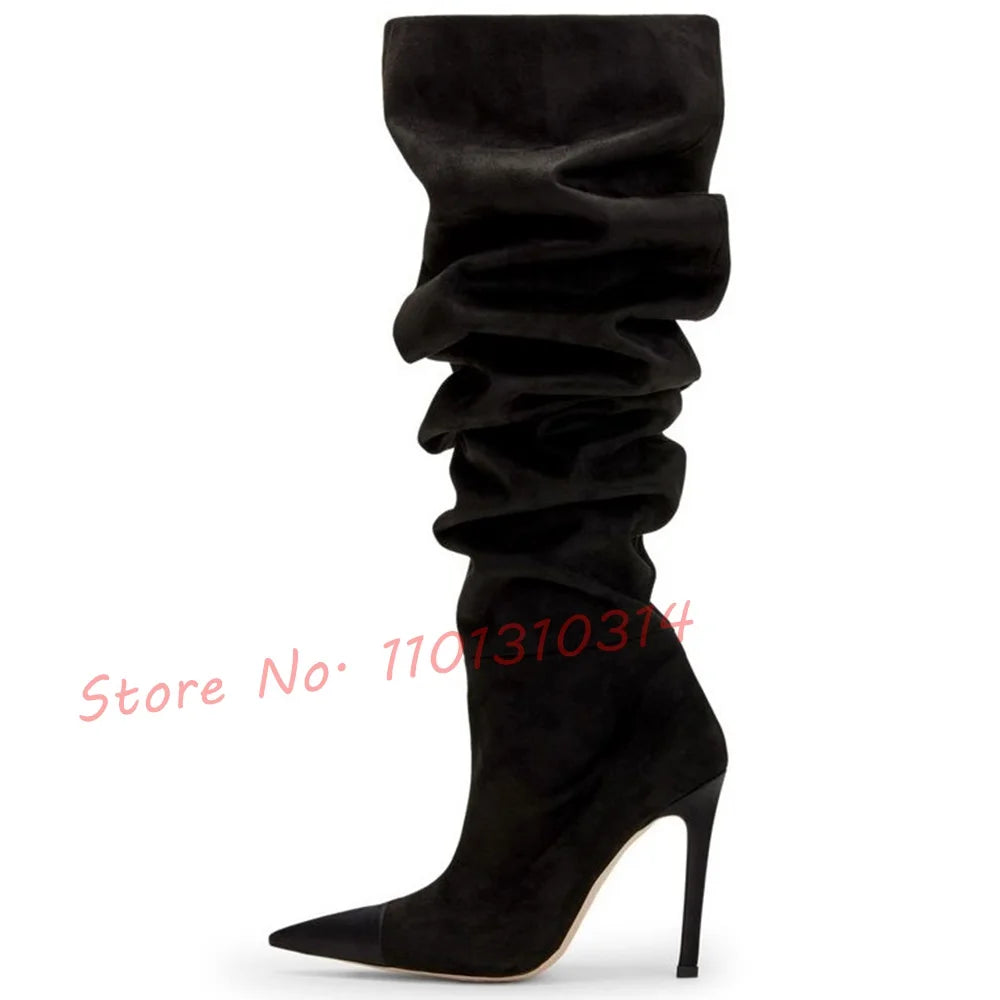 Splicing Pointy Toe Suede Long Boots Pleated