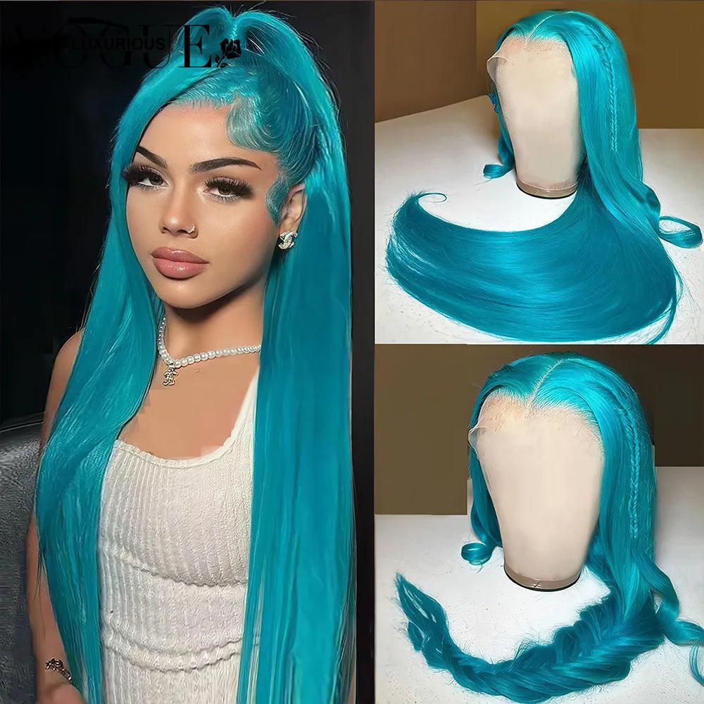 Straight 13X4 Lace Front Human Hair Wigs Light Lake Blue Colored Brazilian Remy