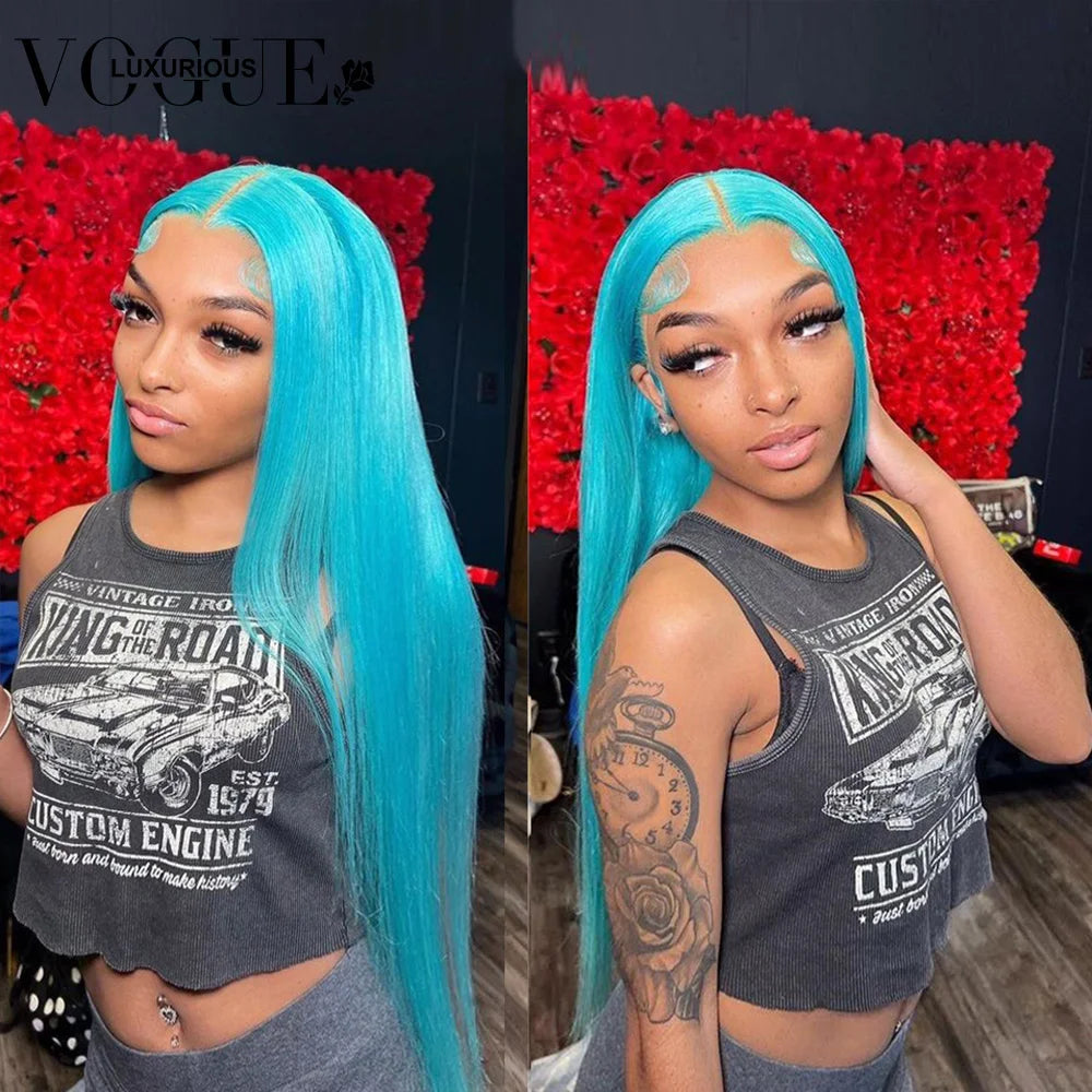 Straight 13X4 Lace Front Human Hair Wigs Light Lake Blue Colored Brazilian Remy