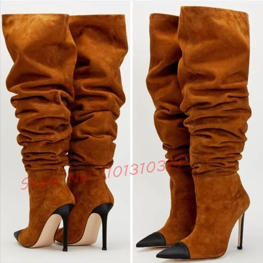 Splicing Pointy Toe Suede Long Boots Pleated