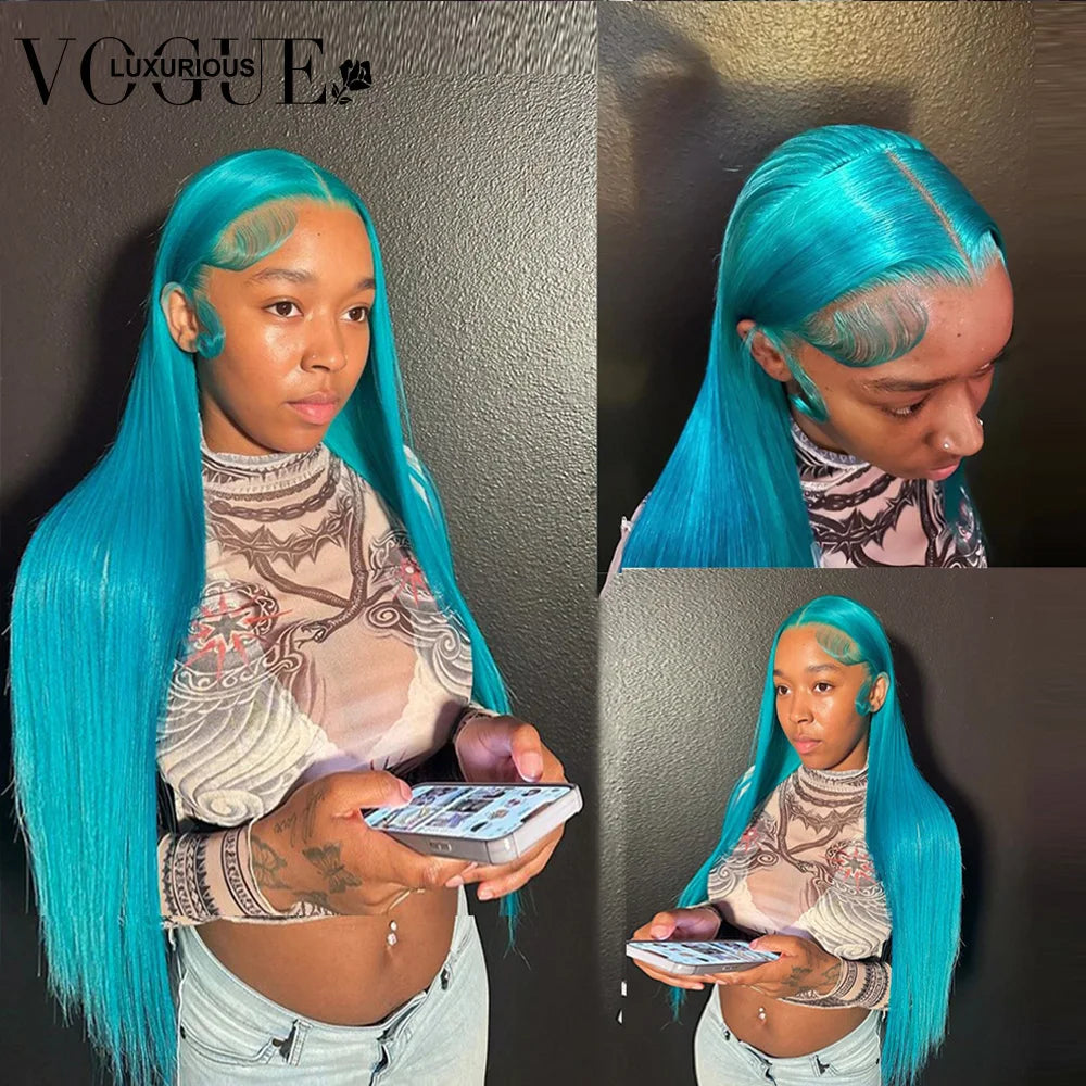 Straight 13X4 Lace Front Human Hair Wigs Light Lake Blue Colored Brazilian Remy