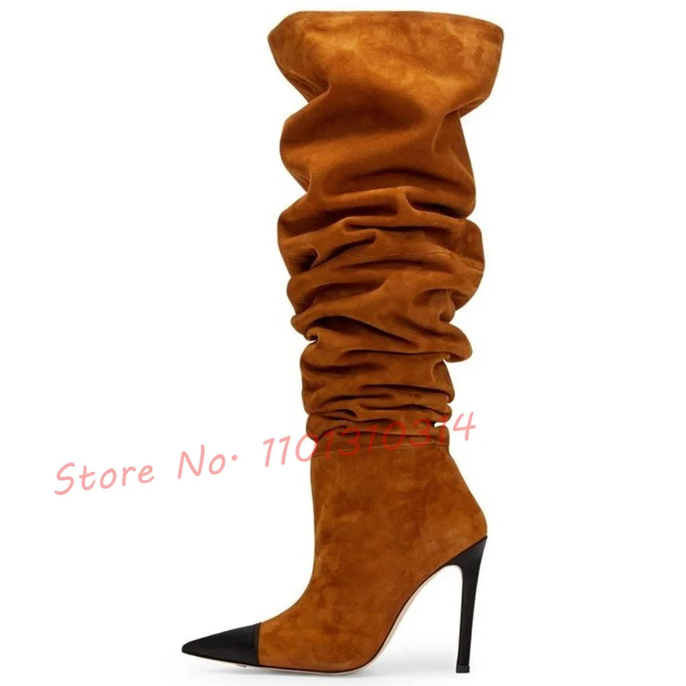 Splicing Pointy Toe Suede Long Boots Pleated