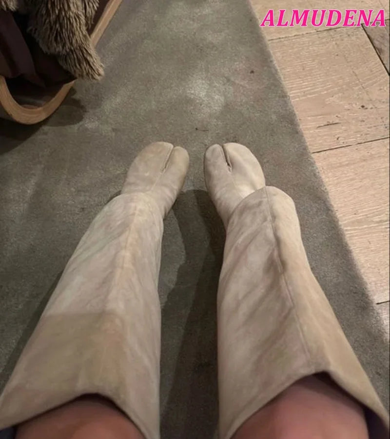 Suede Split Toe Leather Knee High Boots
