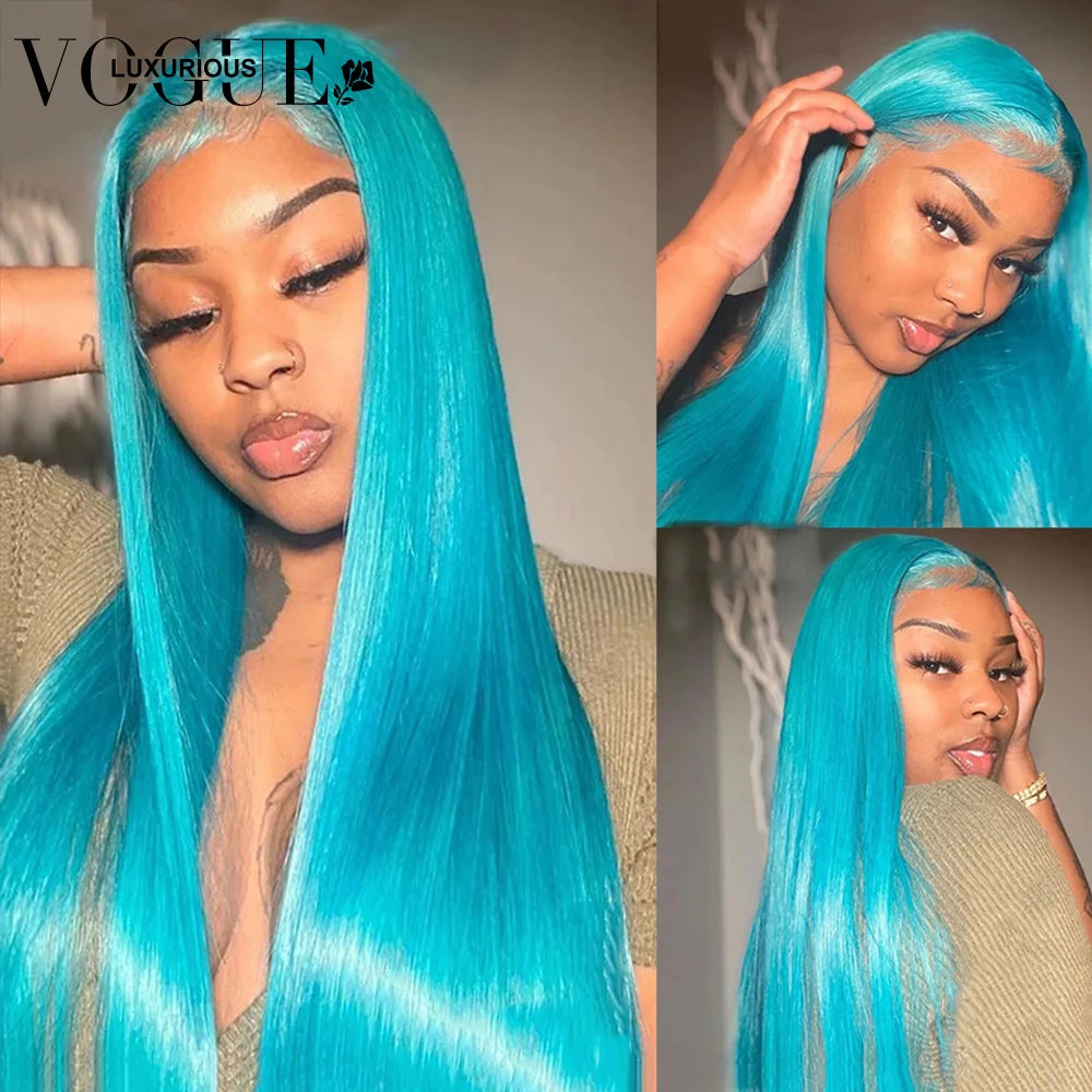 Straight 13X4 Lace Front Human Hair Wigs Light Lake Blue Colored Brazilian Remy