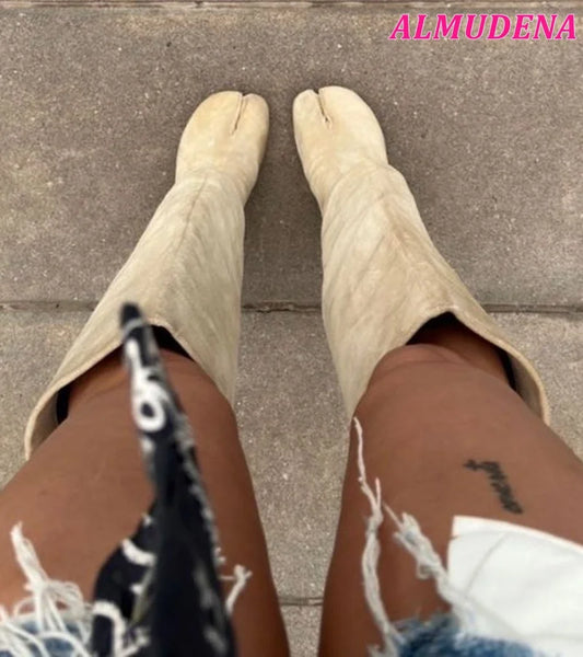 Suede Split Toe Leather Knee High Boots