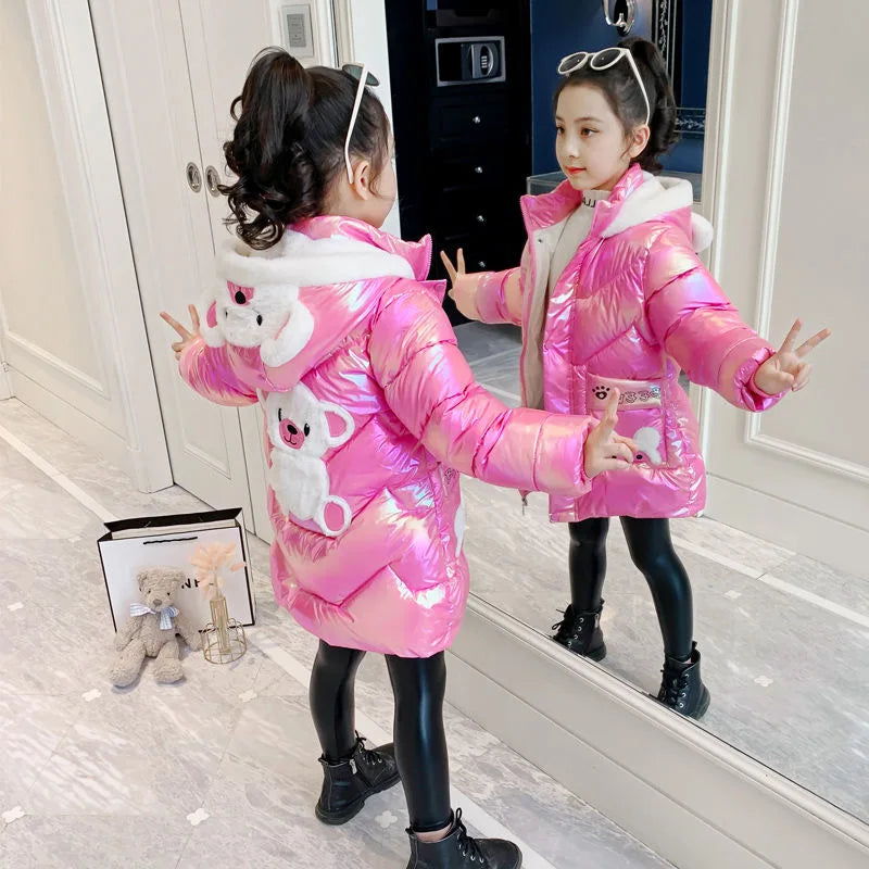 3 4 6 8 10 Years Girls Long Winter Down Cute Bear Coat