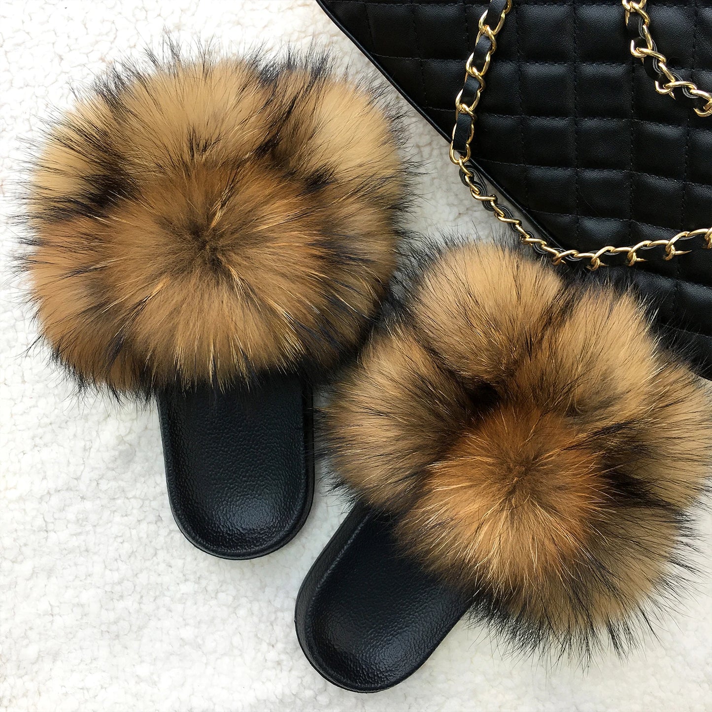 Real Fox Raccoon Slippers Pom Pom Fur Slides