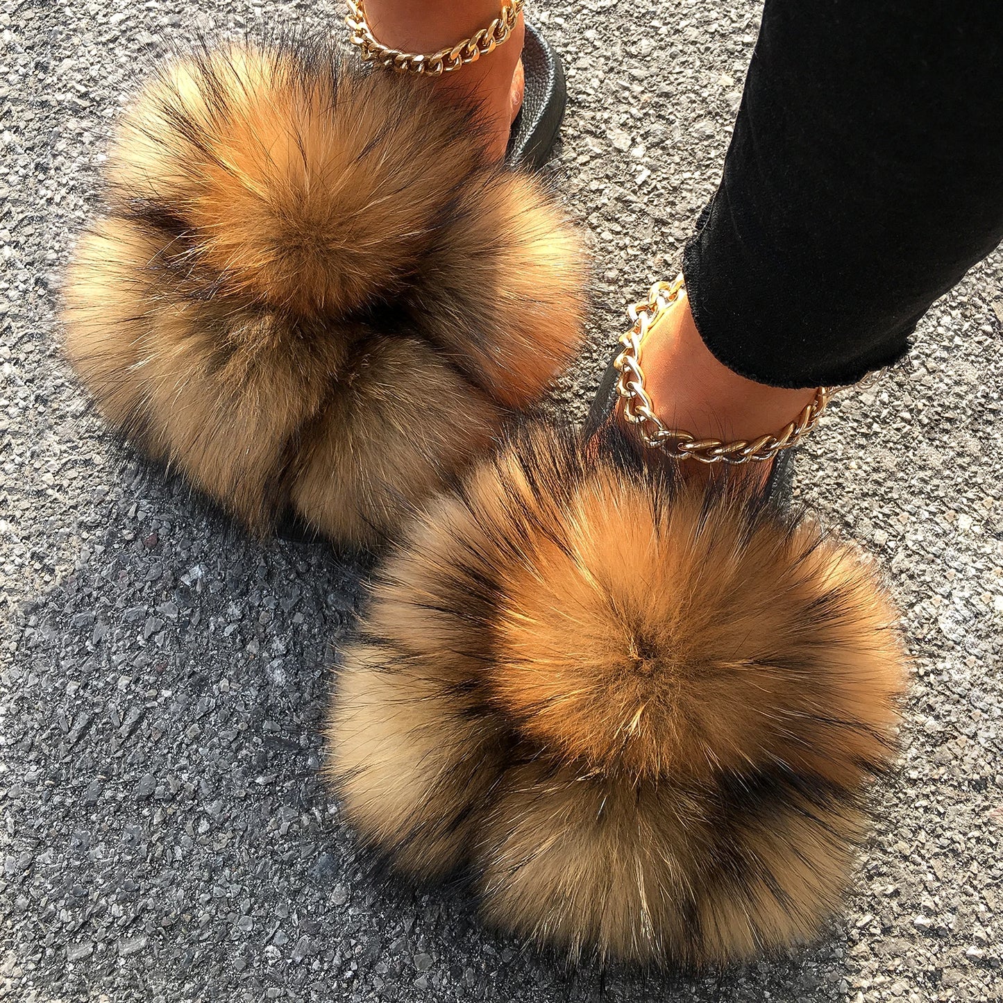 Real Fox Raccoon Slippers Pom Pom Fur Slides