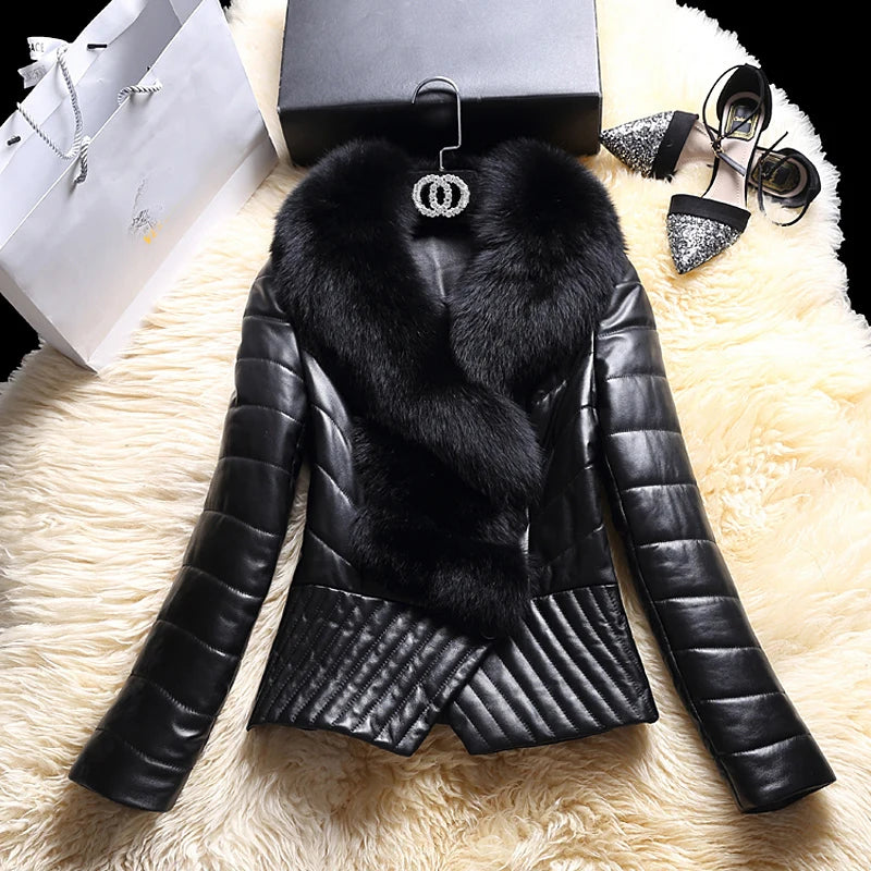 Natural Fox Fur Collar Genuine Leather Jacket