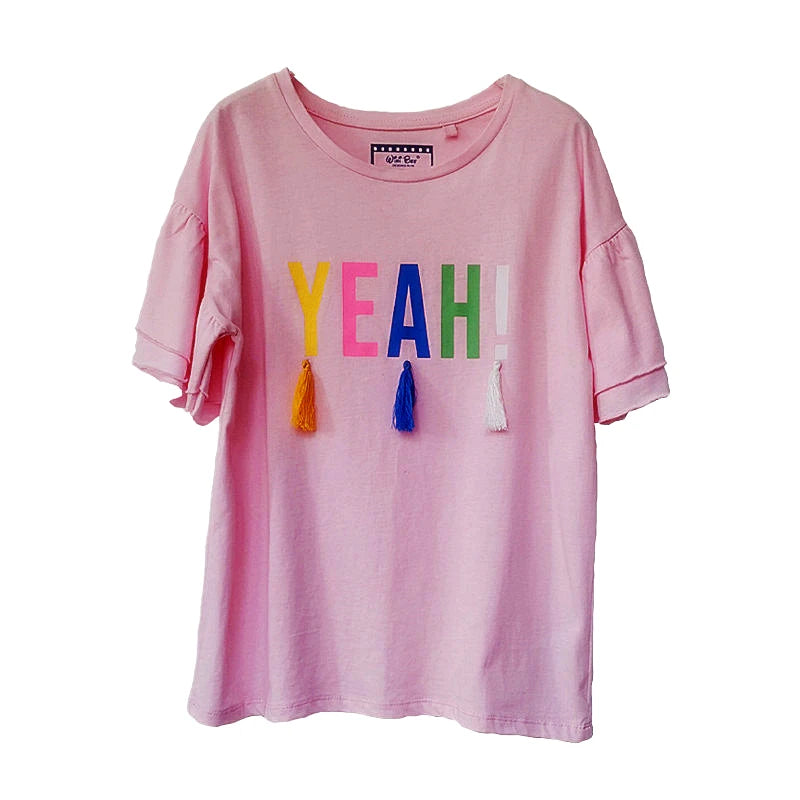 Cotton Teen Girl Short Sleeve TShirt Kids Letter Print Tassel Tees Big Girls Top Children Clothes 2021 Summer 8 10 12 14 16Years