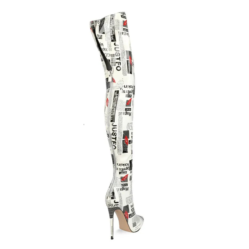 White Thigh High News Paper Print Boots