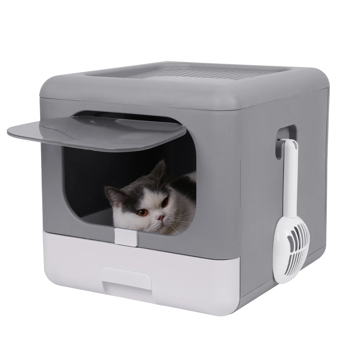 Cat Litter Box Foldable Top Entry Litter Box with Scoop Drawer