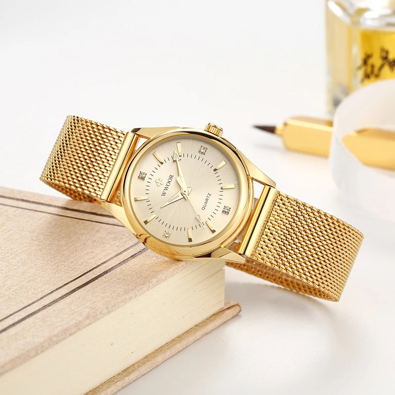 Ladies Dress Gold Watch Elegant Steel Mesh