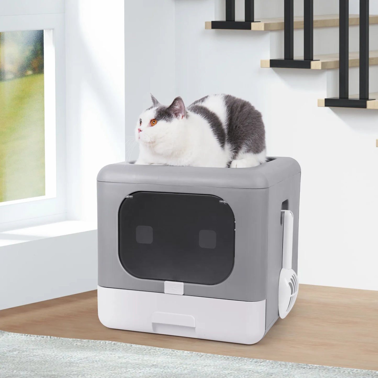 Cat Litter Box Foldable Top Entry Litter Box with Scoop Drawer