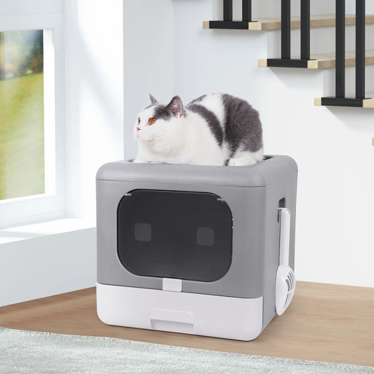 Cat Litter Box Foldable Top Entry Litter Box with Scoop Drawer