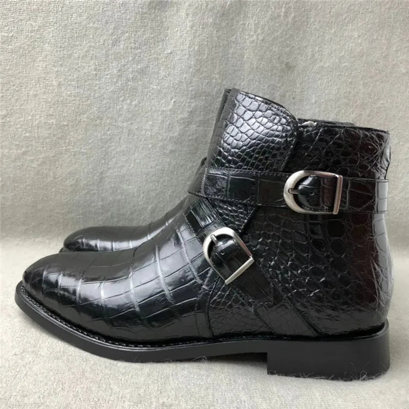 Authentic Real True Crocodile Belly Skin Men's Black ZIP Ankle Boots