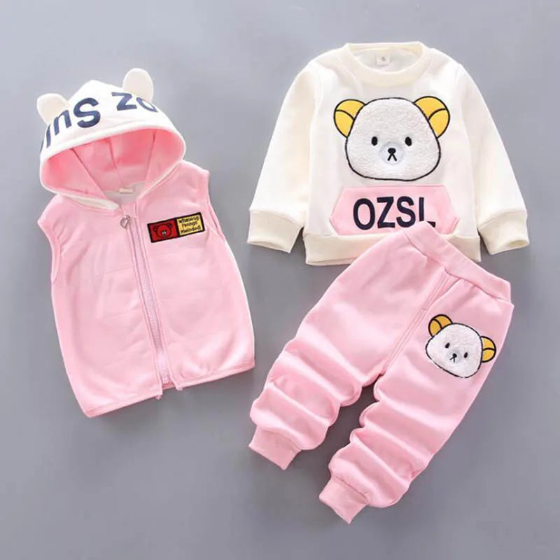 Fleece Children Hooded Outerwear Tops Pants 3PCS Outfit