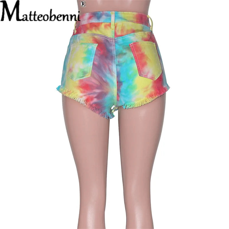 Tie Dye Print Vintage Ripped Denim Shorts