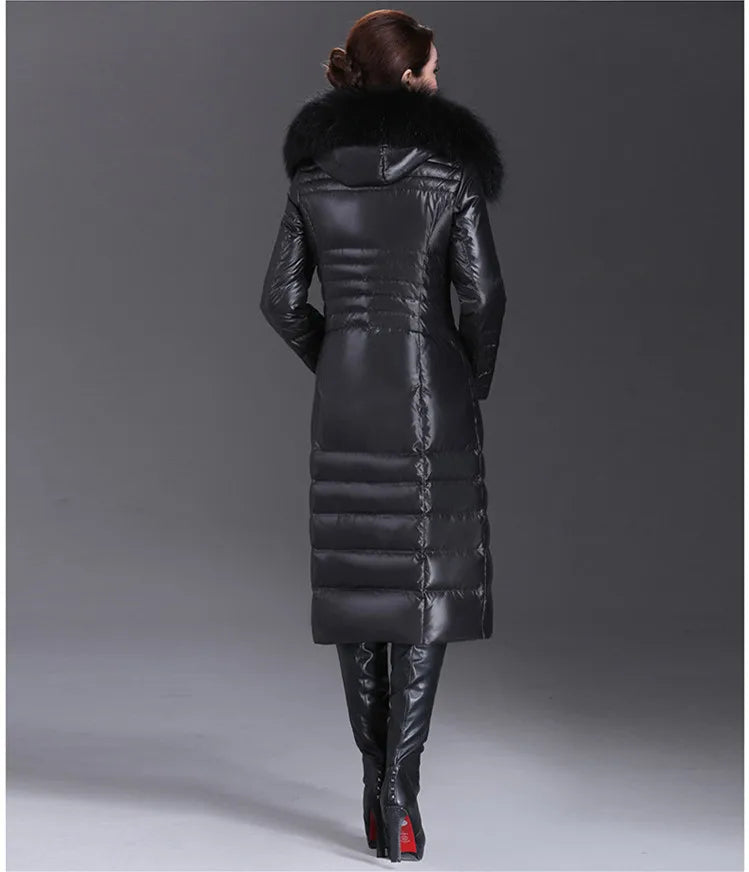 Duck Down Jacket Long Slim Coat with Real Fur