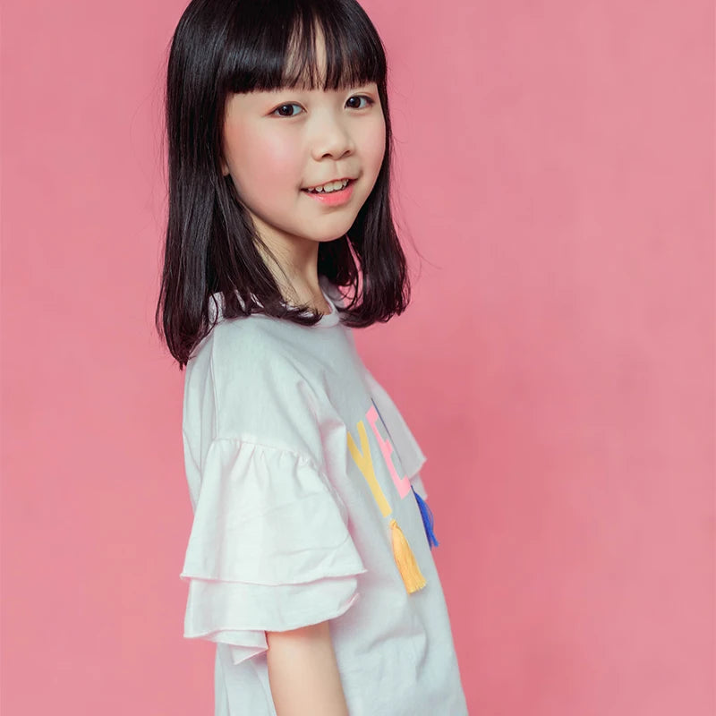 Cotton Teen Girl Short Sleeve TShirt Kids Letter Print Tassel Tees Big Girls Top Children Clothes 2021 Summer 8 10 12 14 16Years