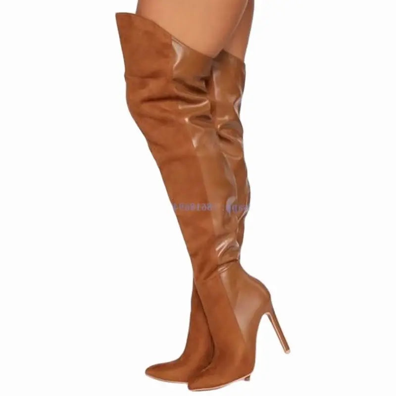 New Long Splicing Brown Boots Solid Side Zipper