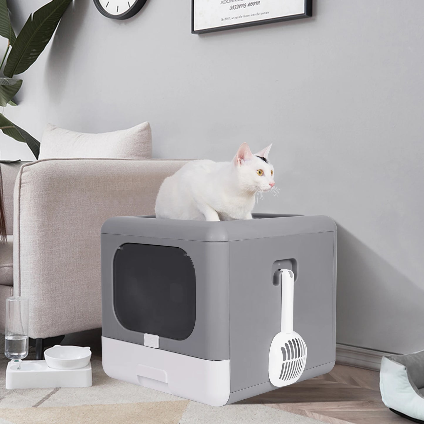 Cat Litter Box Foldable Top Entry Litter Box with Scoop Drawer