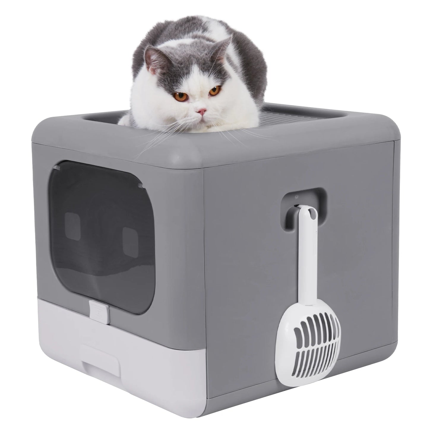Cat Litter Box Foldable Top Entry Litter Box with Scoop Drawer