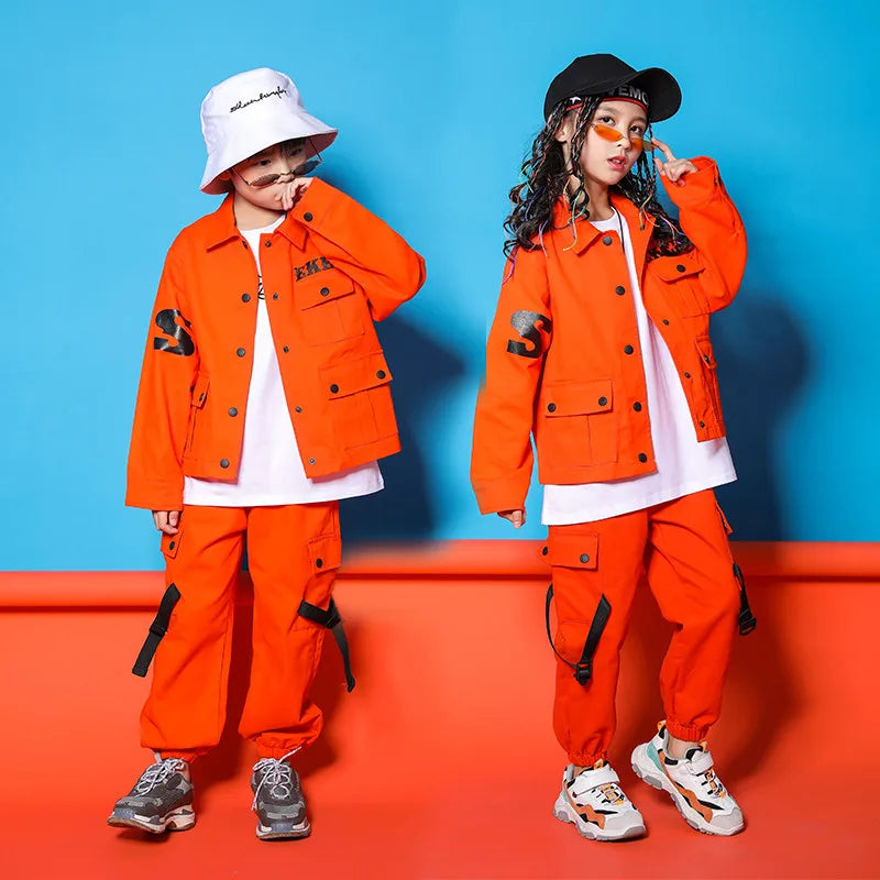 Orange Long Sleeve Jacket Pants Boys Hip Hop Set