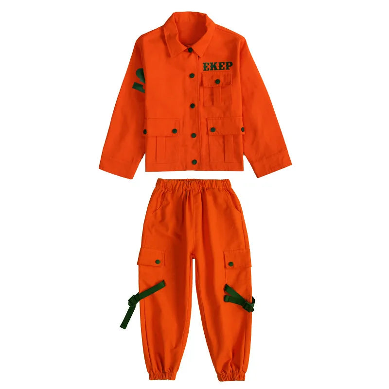 Orange Long Sleeve Jacket Pants Boys Hip Hop Set